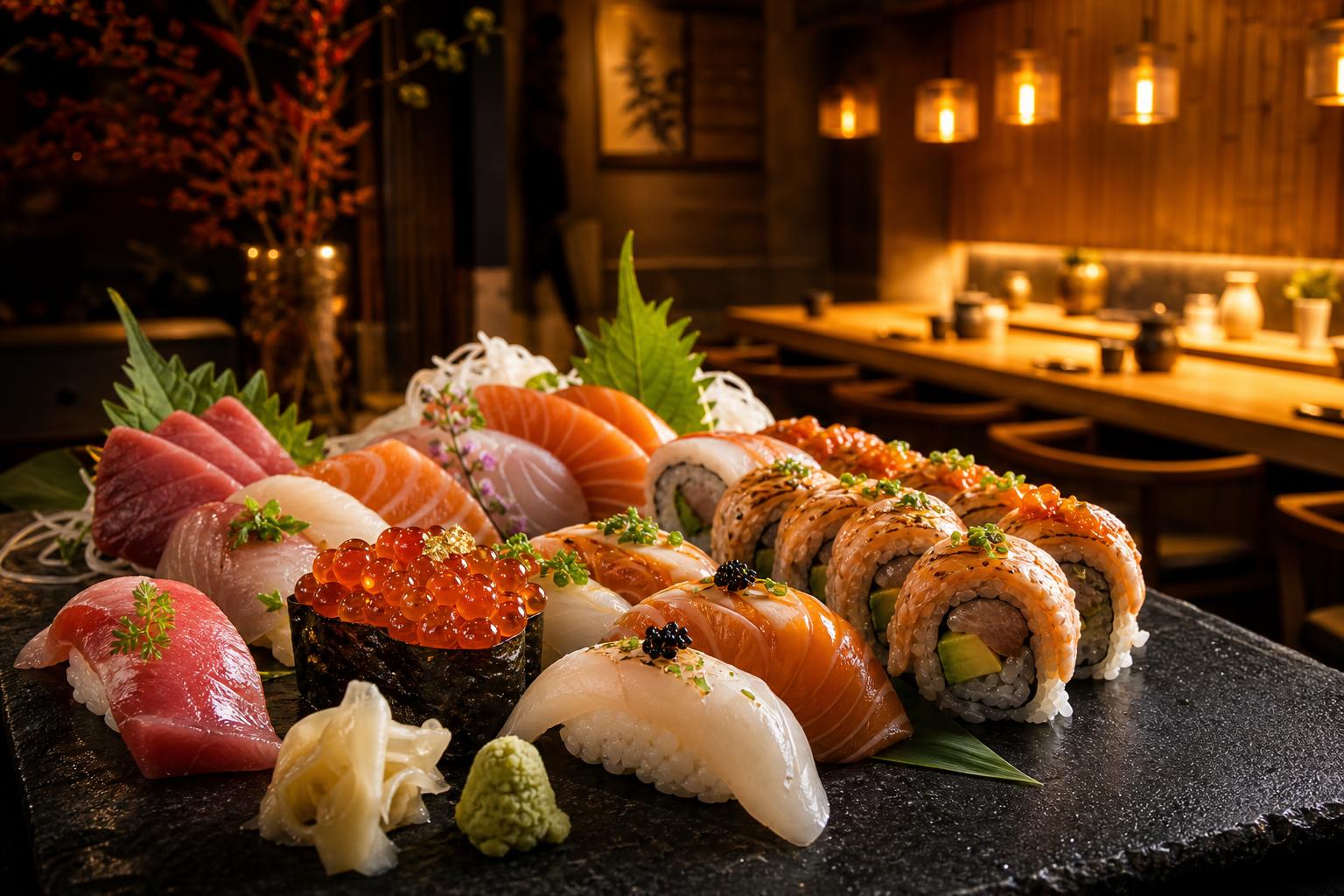Signature Duo Sushi platter in the warm dining room